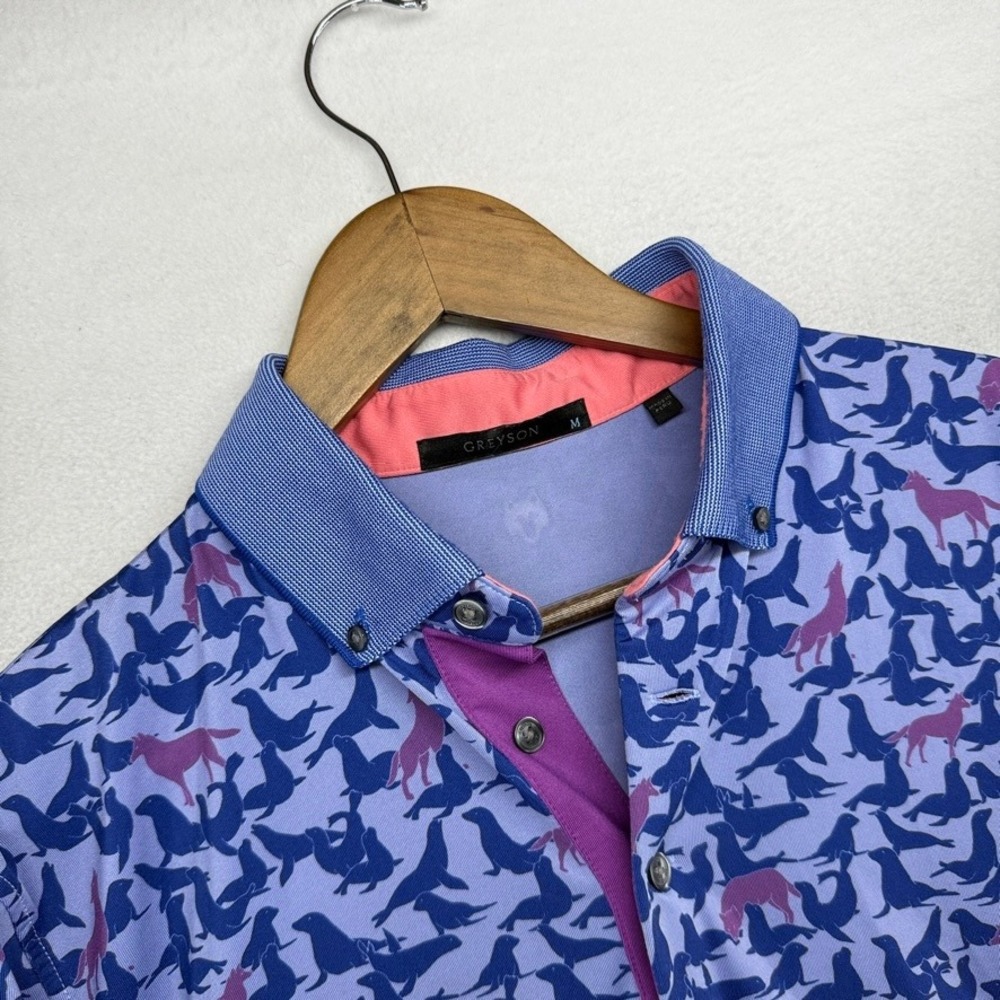 Greyson Polo Shirt Men's medium Blue Purple Seals St Ives Geometric Golf Tech